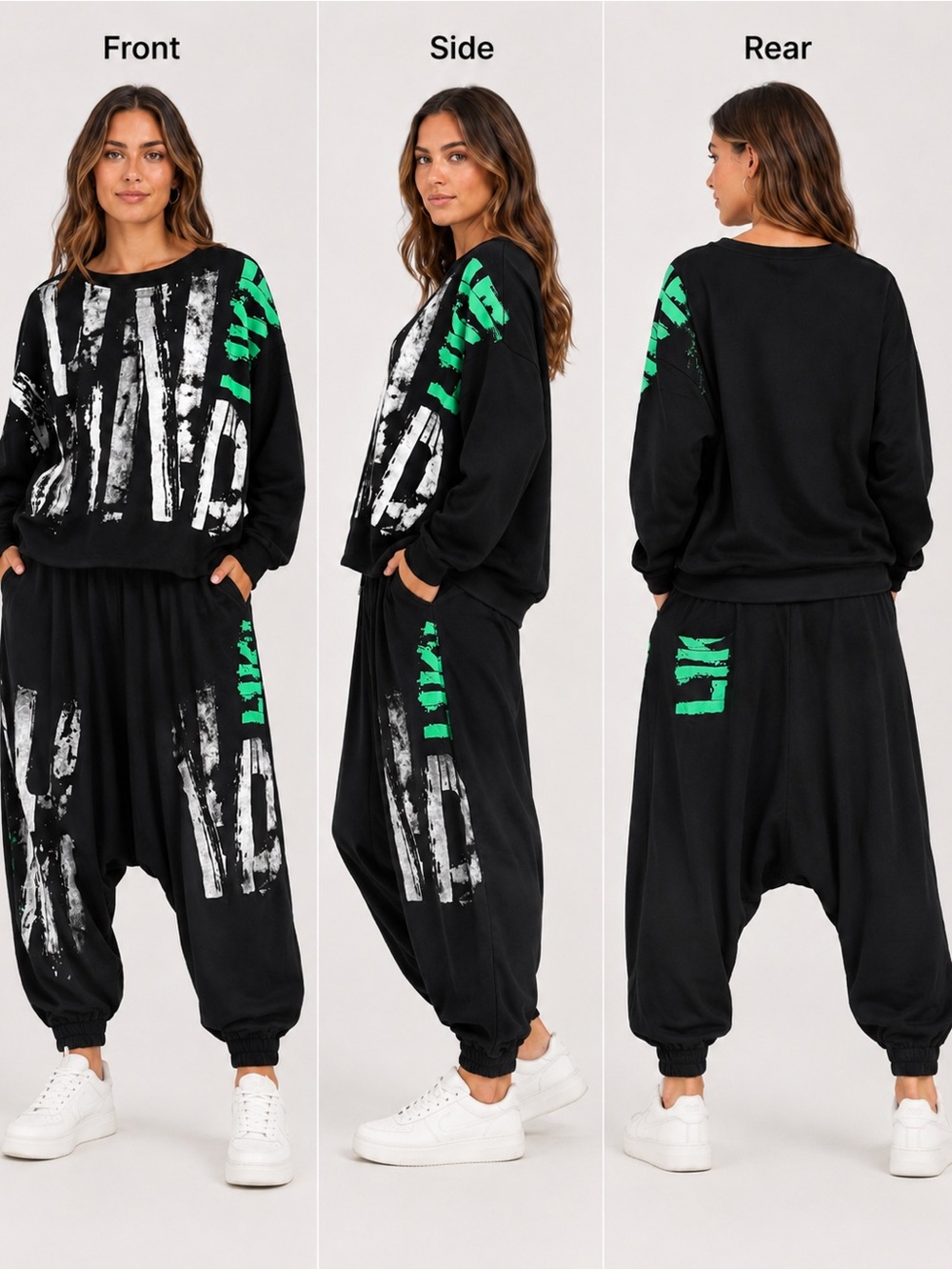 NWOT- 2 piece Oversized Black Graphic Harem Pants and Top- Bold Lime Accent - Picture 2 of 5